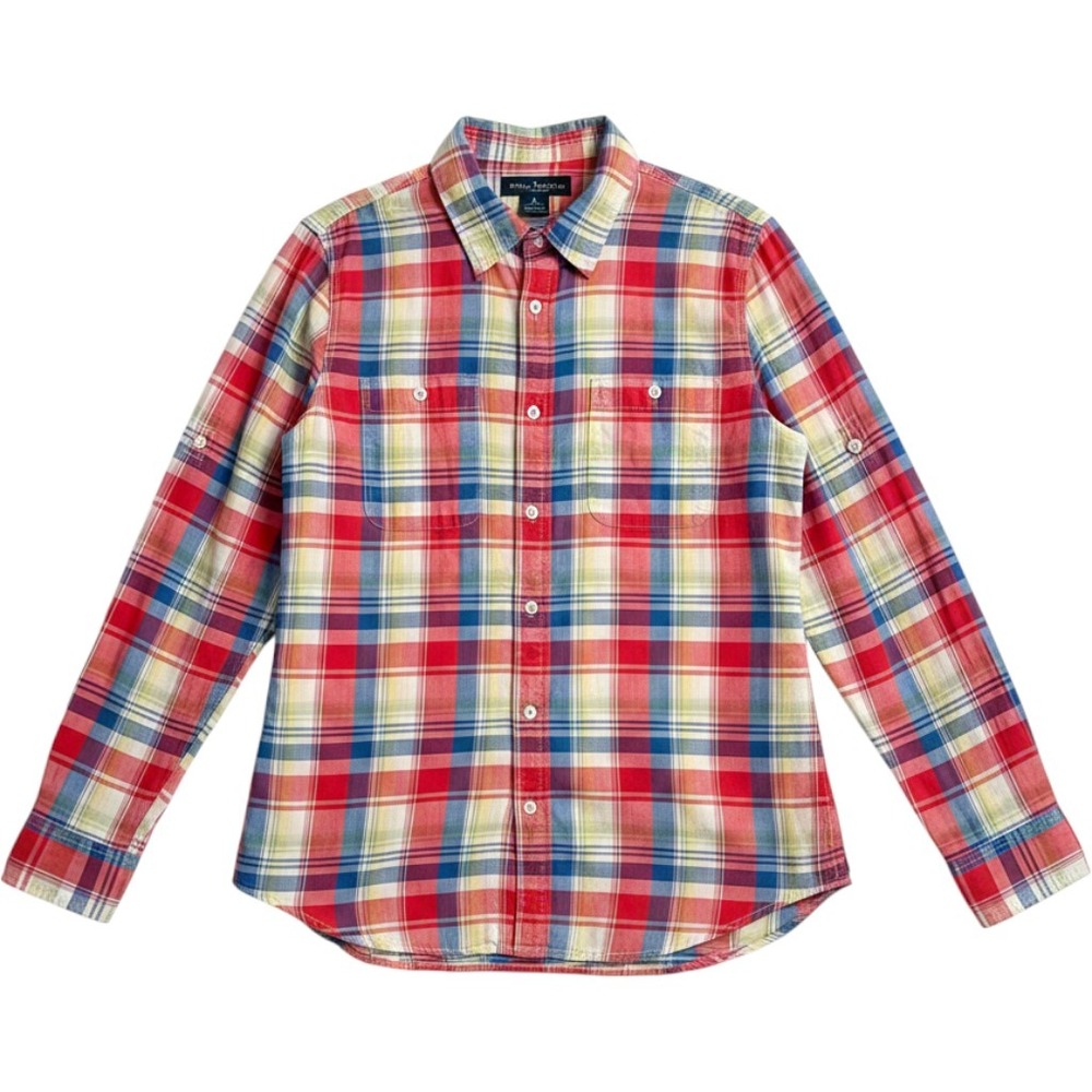 Lauren Ralph Lauren Plaid Button Down Shirt Red Blue Roll Tab Sleeve Size L